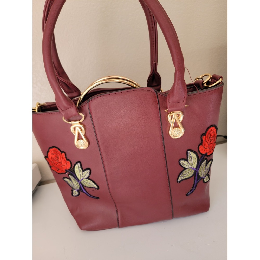 Vintage Women's Burgundy Floral Embroidered 2-Piece Handbag Set Gold Tone - Picture 3 of 11